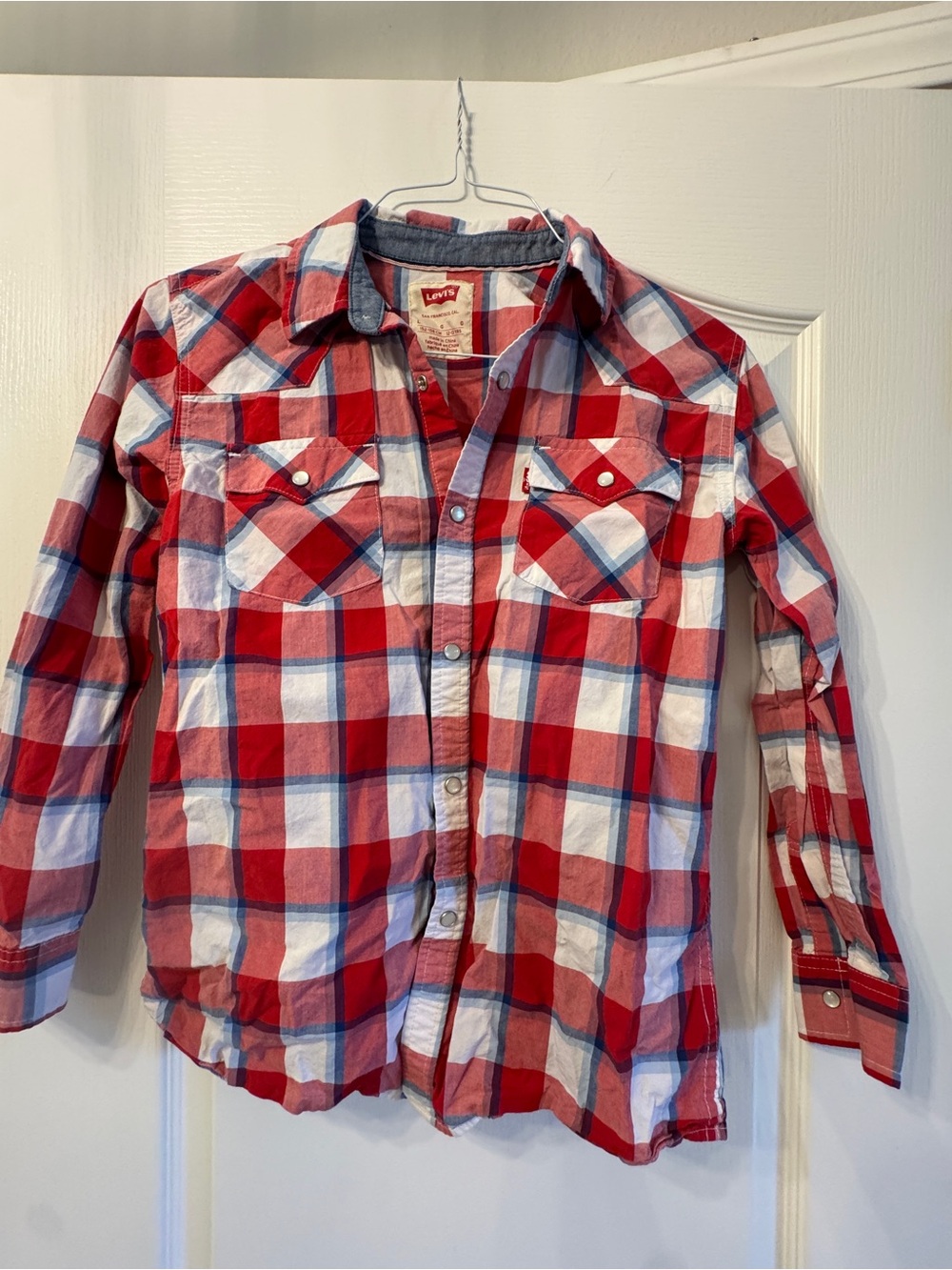 Western Levi's Red White and Blue Plaid Cotton Snap-Down Shirt